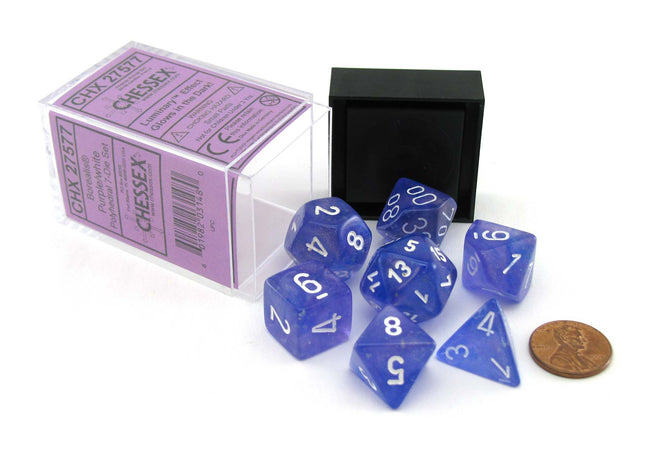 Gamers Guild AZ Chessex CHX27577 - Chessex 7 Die Set Borealis Purple White Luminary Chessex