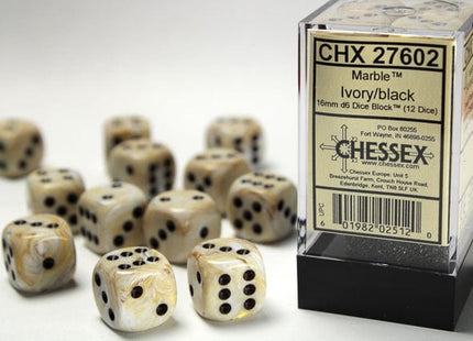 Gamers Guild AZ Chessex CHX27602 - Chessex 16mm Set of 12 D6 Marble Ivory/Black Chessex