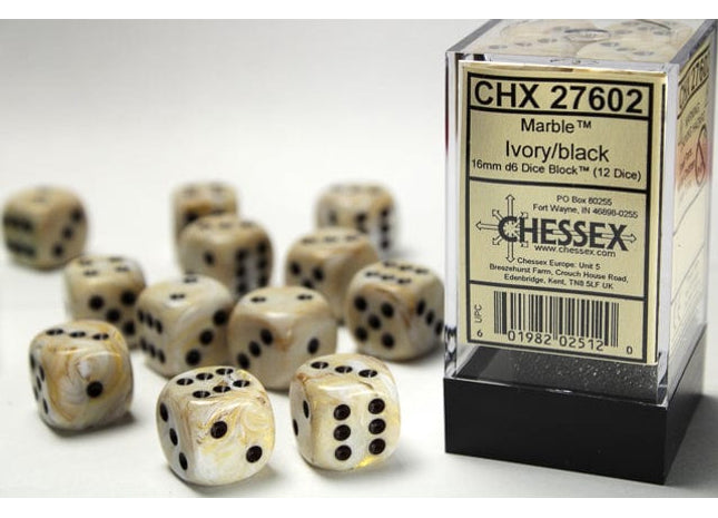 Gamers Guild AZ Chessex CHX27602 - Chessex 16mm Set of 12 D6 Marble Ivory/Black Chessex