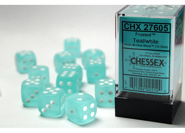 Gamers Guild AZ Chessex CHX27605 - Chessex 16mm Set of 12 D6 Frosted Teal/White Chessex