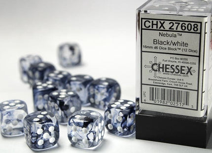 Gamers Guild AZ Chessex CHX27608 - Chessex 16mm Set of 12 D6 Nebula Black/White Chessex