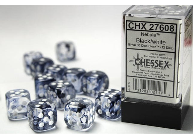 Gamers Guild AZ Chessex CHX27608 - Chessex 16mm Set of 12 D6 Nebula Black/White Chessex