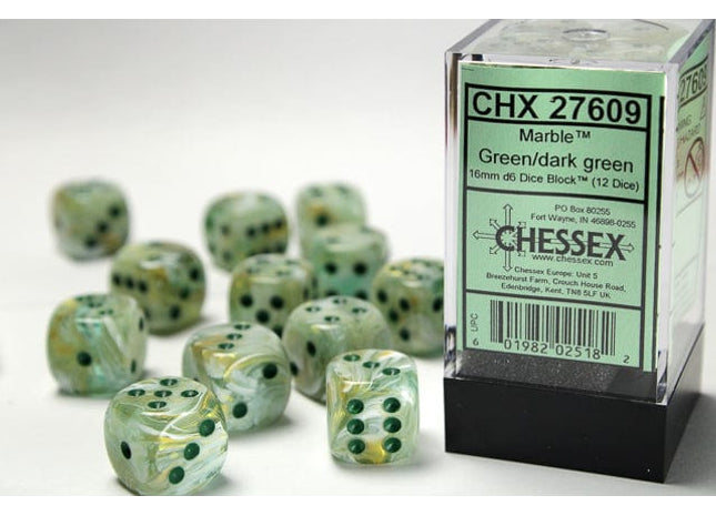 Gamers Guild AZ Chessex CHX27609 - Chessex 16mm Set of 12 D6 Marble Green/Dark Green Chessex