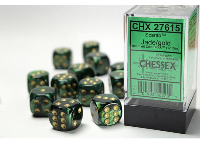 Gamers Guild AZ Chessex CHX27615 - Chessex 16mm Set of 12 D6 Scarab Jade/Gold Chessex