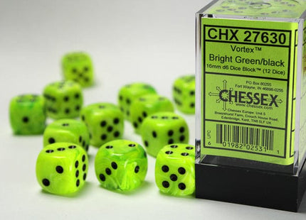 Gamers Guild AZ Chessex CHX27630 - Chessex 16mm Set of 12 D6 Vortex Bright Green/Black Chessex