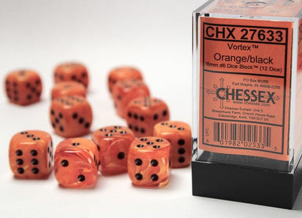 Gamers Guild AZ Chessex CHX27633 - Chessex 16mm Set of 12 D6 Vortex Orange/Black Chessex