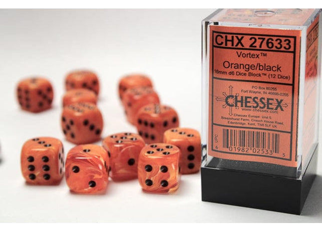 Gamers Guild AZ Chessex CHX27633 - Chessex 16mm Set of 12 D6 Vortex Orange/Black Chessex