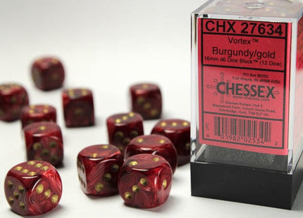Gamers Guild AZ Chessex CHX27634 - Chessex 16mm Set of 12 D6 Vortex Burgundy/Gold Chessex