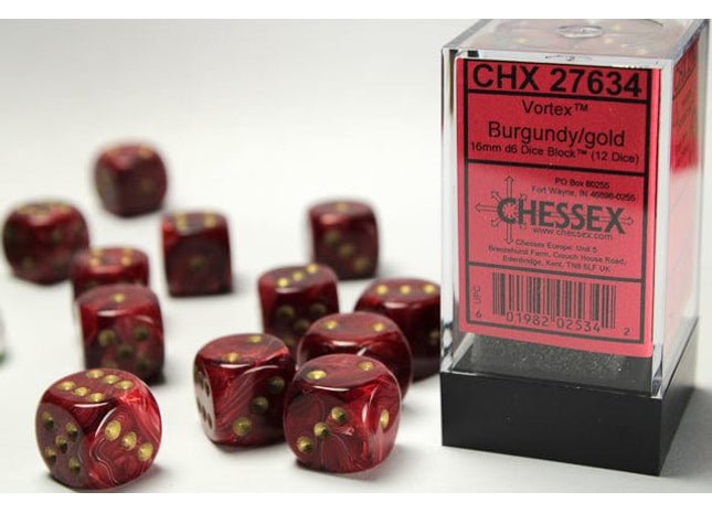 Gamers Guild AZ Chessex CHX27634 - Chessex 16mm Set of 12 D6 Vortex Burgundy/Gold Chessex