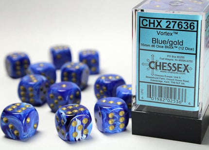 Gamers Guild AZ Chessex CHX27636 Vortex Blue/gold 16mm d6 Dice Bloc Chessex