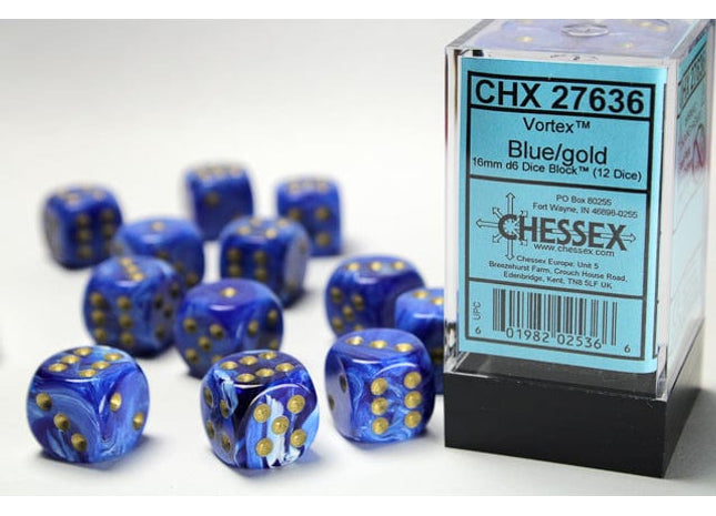 Gamers Guild AZ Chessex CHX27636 Vortex Blue/gold 16mm d6 Dice Bloc Chessex