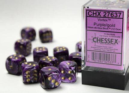 Gamers Guild AZ Chessex CHX27637 - Chessex 16mm Set of 12 D6 Vortex Purple/Gold Chessex