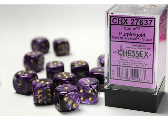 Gamers Guild AZ Chessex CHX27637 - Chessex 16mm Set of 12 D6 Vortex Purple/Gold Chessex