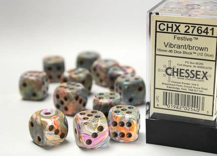 Gamers Guild AZ Chessex CHX27641 - Chessex 16mm Set of 12 D6 Festive Vibrant/Brown Chessex