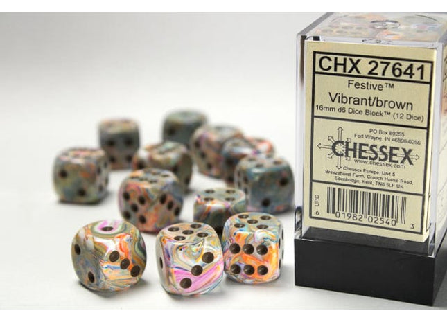 Gamers Guild AZ Chessex CHX27641 - Chessex 16mm Set of 12 D6 Festive Vibrant/Brown Chessex