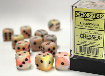 Gamers Guild AZ Chessex CHX27642 - Chessex 16mm Set of 12 D6 Festive Circus/black Chessex