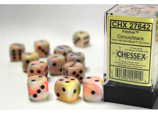 Gamers Guild AZ Chessex CHX27642 - Chessex 16mm Set of 12 D6 Festive Circus/black Chessex