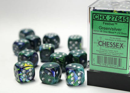 Gamers Guild AZ Chessex CHX27645 - Chessex 16mm Set of 12 D6 Festive Green/Silver Chessex