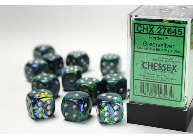 Gamers Guild AZ Chessex CHX27645 - Chessex 16mm Set of 12 D6 Festive Green/Silver Chessex