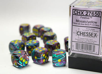 Gamers Guild AZ Chessex CHX27650 - Festive Mosaic/yellow 16mm d6 Dice Block (12 dice) Chessex