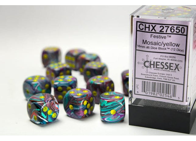 Gamers Guild AZ Chessex CHX27650 - Festive Mosaic/yellow 16mm d6 Dice Block (12 dice) Chessex