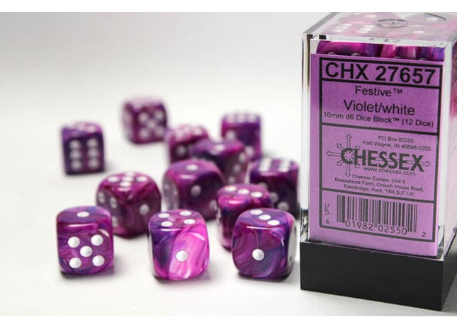 Gamers Guild AZ Chessex CHX27657 - Chessex 16mm Set of 12 D6 Festive Violet/White Chessex