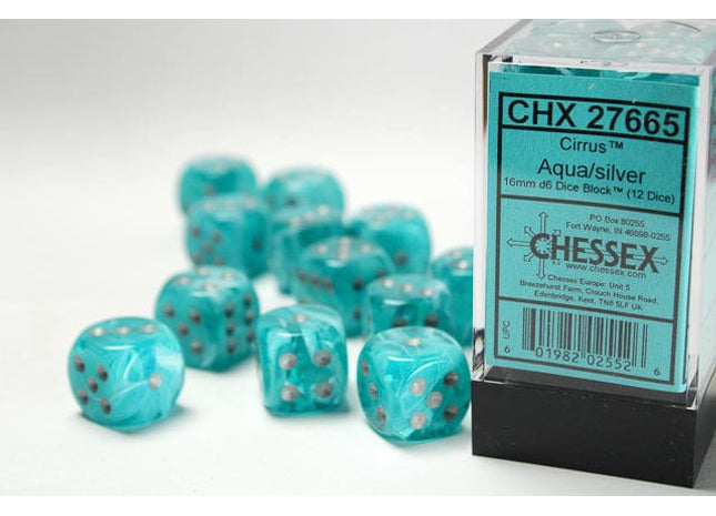 Gamers Guild AZ Chessex CHX27665 - Chessex 16mm Set of 12 D6 Cirrus Aqua/Silver Chessex