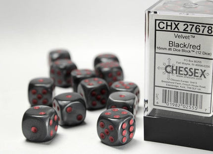 Gamers Guild AZ Chessex CHX27678 - Chessex 16mm Set of 12 D6 Velvet Black/Red Chessex