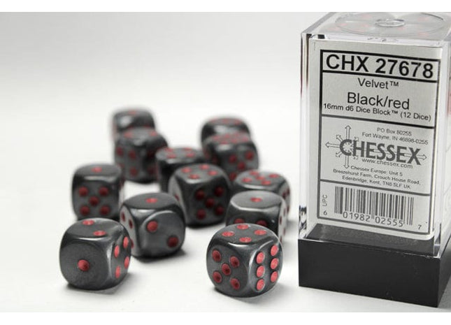 Gamers Guild AZ Chessex CHX27678 - Chessex 16mm Set of 12 D6 Velvet Black/Red Chessex