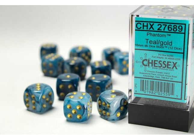 Gamers Guild AZ Chessex CHX27689 - Chessex 16mm Set of 12 D6 Phantom Teal/Gold Chessex