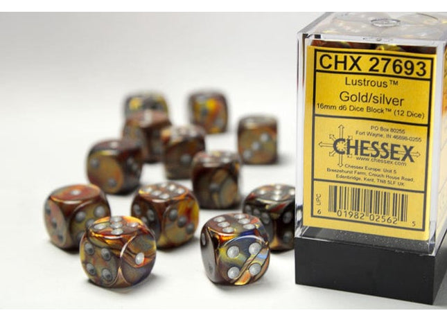 Gamers Guild AZ Chessex CHX27693 - Chessex 16mm Set of 12 D6 Lustrous Gold/Silver Chessex