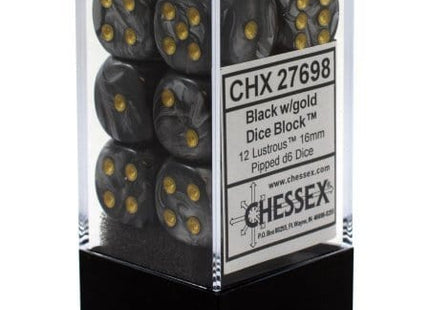 Gamers Guild AZ Chessex CHX27698 - Chessex 16mm Set of 12 D6 Lustrous Black/Gold Chessex