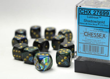 Gamers Guild AZ Chessex CHX27699 - Chessex 16mm Set of 12 D6 Lustrous Shadow/Gold Chessex