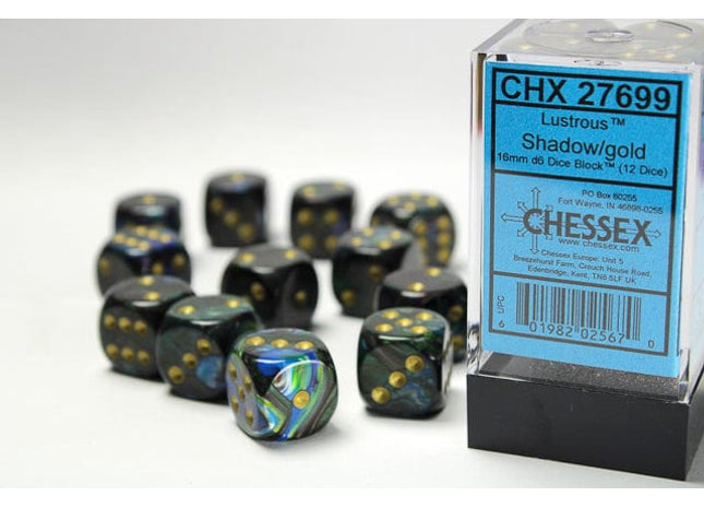 Gamers Guild AZ Chessex CHX27699 - Chessex 16mm Set of 12 D6 Lustrous Shadow/Gold Chessex
