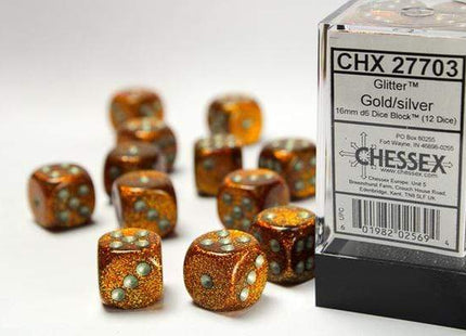 Gamers Guild AZ Chessex CHX27703 - Chessex 16mm  Block Glitter Gold / Silver Chessex