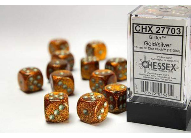 Gamers Guild AZ Chessex CHX27703 - Chessex 16mm  Block Glitter Gold / Silver Chessex