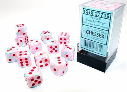 Gamers Guild AZ Chessex CHX27739 - Chessex 16mm Set of 12 D6 Festive Pop Art/Red Chessex