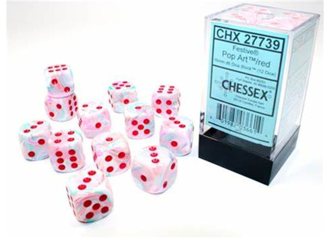 Gamers Guild AZ Chessex CHX27739 - Chessex 16mm Set of 12 D6 Festive Pop Art/Red Chessex