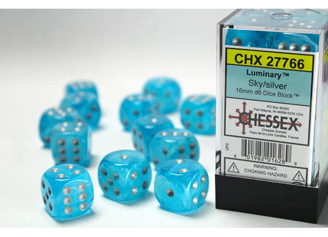 Gamers Guild AZ Chessex CHX27766 - Chessex 16mm Set of 12 D6 Luminary Sky/Silver Chessex