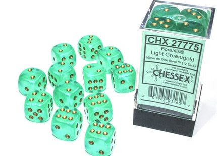 Gamers Guild AZ Chessex CHX27775 - Chessex 16mm Set of 12 D6 Borealis Light Green/Gold Chessex