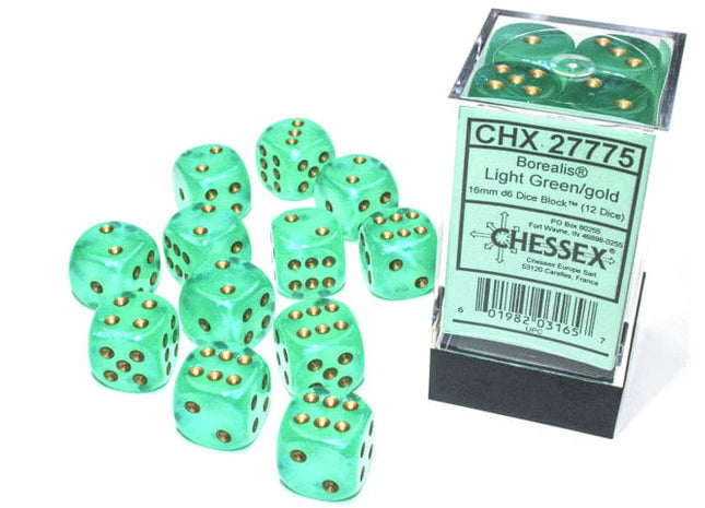 Gamers Guild AZ Chessex CHX27775 - Chessex 16mm Set of 12 D6 Borealis Light Green/Gold Chessex