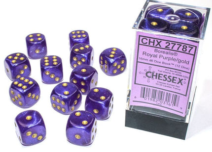 Gamers Guild AZ Chessex CHX27787 - Chessex 16mm Set of 12 D6 Borealis Royal Purple/Gold Chessex