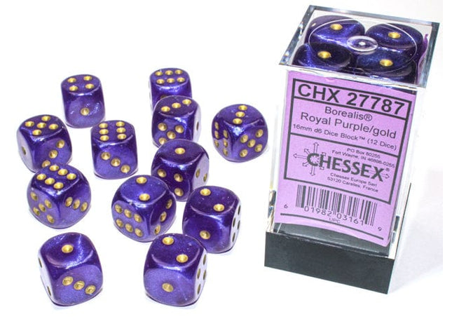 Gamers Guild AZ Chessex CHX27787 - Chessex 16mm Set of 12 D6 Borealis Royal Purple/Gold Chessex