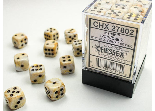 Gamers Guild AZ Chessex CHX27802 -  Chessex 12mm D6 Ivory/Black Marble Chessex