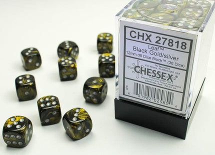 Gamers Guild AZ Chessex CHX27818 -  Chessex 12mm D6 Black Gold/Silver Leaf Chessex