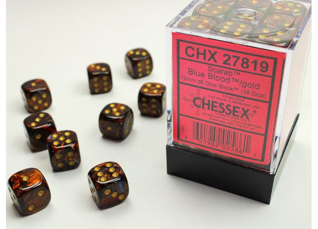 Gamers Guild AZ Chessex CHX27819 -  Chessex 12mm D6 Blue Blood/Gold Scarab Chessex