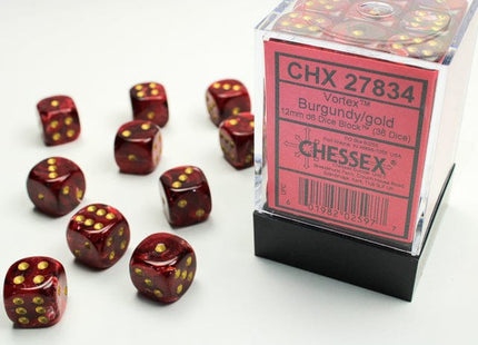Gamers Guild AZ Chessex CHX27834 -  Chessex 12mm D6 Burgundy/Gold Vortex Chessex
