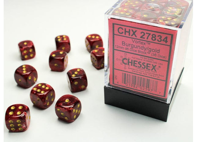 Gamers Guild AZ Chessex CHX27834 -  Chessex 12mm D6 Burgundy/Gold Vortex Chessex