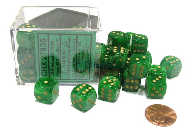 Gamers Guild AZ Chessex CHX27835 -  Chessex 12mm D6 Green/Gold Vortex Chessex