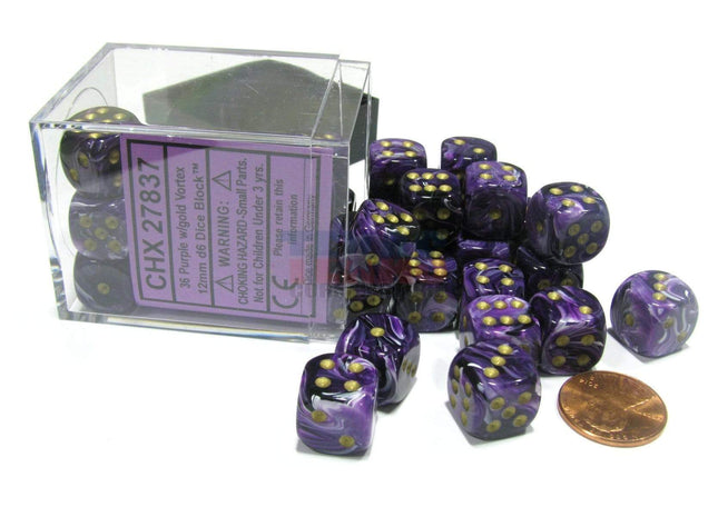 Gamers Guild AZ Chessex CHX27837 -  Chessex 12mm D6 Purple/Gold Vortex Chessex